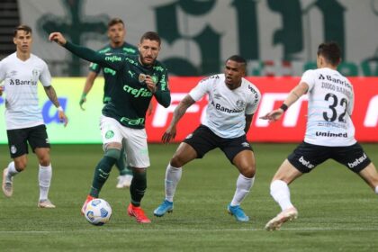 Zé Rafael, da SE Palmeiras, disputa bola com o jogador Costa, do Grêmio (Foto: Cesar Greco)