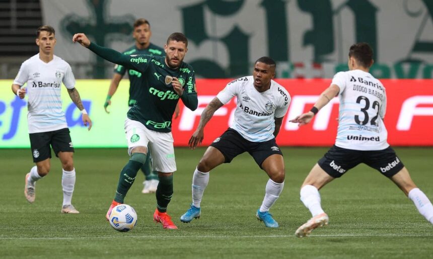 Zé Rafael, da SE Palmeiras, disputa bola com o jogador Costa, do Grêmio (Foto: Cesar Greco)