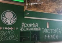 Vândalos picham muros da sede do Palmeiras em protesto depois de goleada para o Novorizontino Muros palmeiras