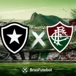 Escudos de Botafogo e Fluminense em destaque antes do Clássico Vovô, com o Rio de Janeiro ao fundo e estádio lotado, ilustrando uma das rivalidades mais tradicionais do futebol brasileiro.