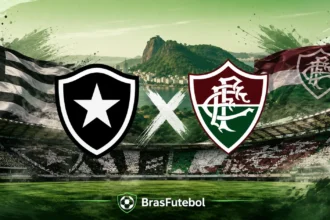 Escudos de Botafogo e Fluminense em destaque antes do Clássico Vovô, com o Rio de Janeiro ao fundo e estádio lotado, ilustrando uma das rivalidades mais tradicionais do futebol brasileiro.