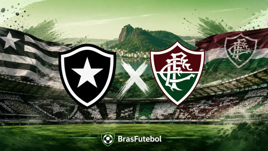 Escudos de Botafogo e Fluminense em destaque antes do Clássico Vovô, com o Rio de Janeiro ao fundo e estádio lotado, ilustrando uma das rivalidades mais tradicionais do futebol brasileiro.