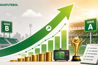 Ilustração editorial mostrando a transição da Série B para a Série A e o impacto financeiro do acesso no futebol brasileiro.