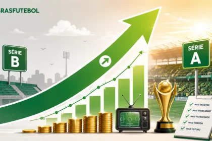 Ilustração editorial mostrando a transição da Série B para a Série A e o impacto financeiro do acesso no futebol brasileiro.