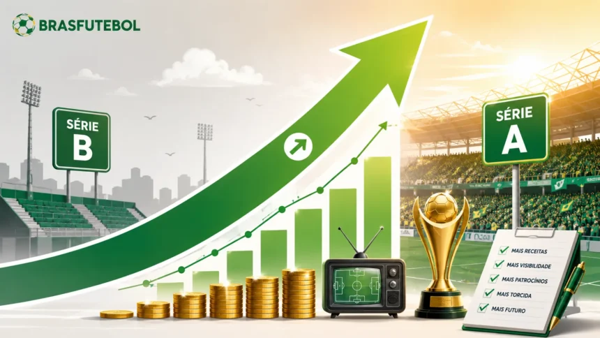 Ilustração editorial mostrando a transição da Série B para a Série A e o impacto financeiro do acesso no futebol brasileiro.