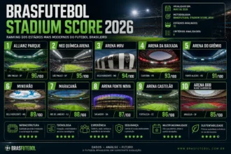 Ranking dos estádios mais modernos do futebol brasileiro em 2026 segundo o BrasFutebol Stadium Score, com análise das principais arenas e critérios de infraestrutura, tecnologia e experiência do torcedor.