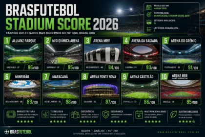 Ranking dos estádios mais modernos do futebol brasileiro em 2026 segundo o BrasFutebol Stadium Score, com análise das principais arenas e critérios de infraestrutura, tecnologia e experiência do torcedor.