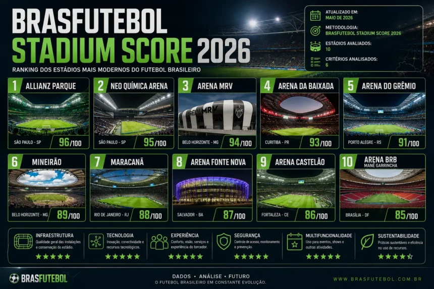 Ranking dos estádios mais modernos do futebol brasileiro em 2026 segundo o BrasFutebol Stadium Score, com análise das principais arenas e critérios de infraestrutura, tecnologia e experiência do torcedor.