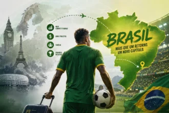 Ilustração editorial mostrando o retorno de jogadores brasileiros da Europa ao Brasileirão e as mudanças no mercado do futebol brasileiro.