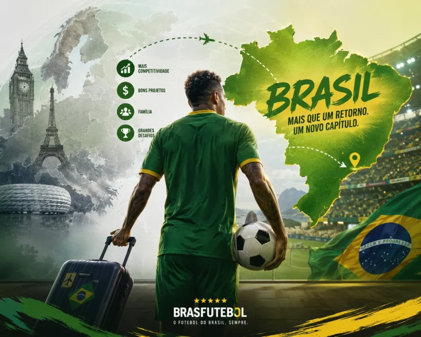 Ilustração editorial mostrando o retorno de jogadores brasileiros da Europa ao Brasileirão e as mudanças no mercado do futebol brasileiro.