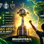 Taça da Copa Libertadores com comparação entre o torneio de vinte anos atrás e a competição atual, destacando a evolução do futebol sul-americano.