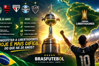 Taça da Copa Libertadores com comparação entre o torneio de vinte anos atrás e a competição atual, destacando a evolução do futebol sul-americano.