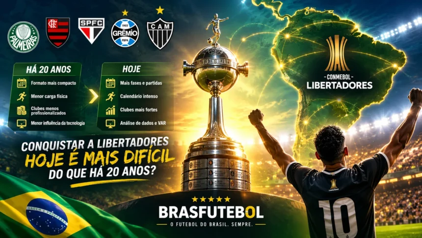 Taça da Copa Libertadores com comparação entre o torneio de vinte anos atrás e a competição atual, destacando a evolução do futebol sul-americano.