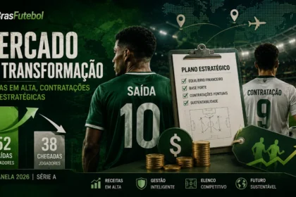Mercado de transferências 2026 – ilustração sobre o aumento das vendas, contratações estratégicas e planejamento financeiro dos clubes da Série A.