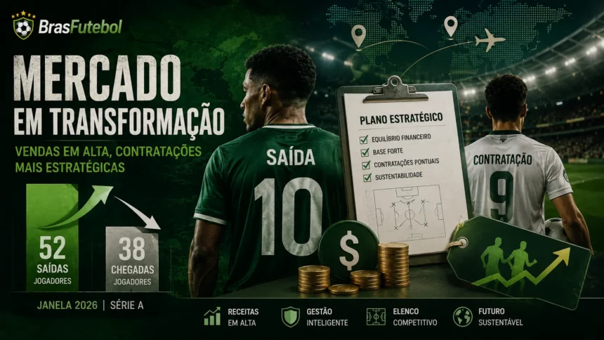 Mercado de transferências 2026 – ilustração sobre o aumento das vendas, contratações estratégicas e planejamento financeiro dos clubes da Série A.
