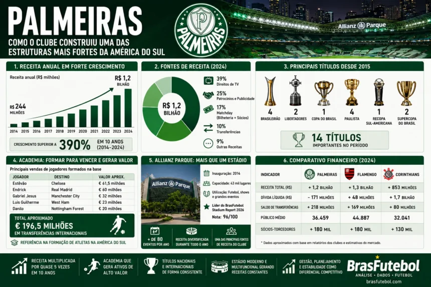 Infográfico do BrasFutebol mostrando como o Palmeiras construiu uma das estruturas mais fortes da América do Sul, com dados sobre receitas, títulos, categorias de base, Allianz Parque e gestão esportiva.