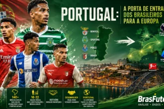 Infográfico do BrasFutebol mostrando por que Portugal se tornou a principal porta de entrada dos jogadores brasileiros para a Europa, com destaque para Benfica, Porto, Sporting e Braga e o caminho para as grandes ligas europeias.