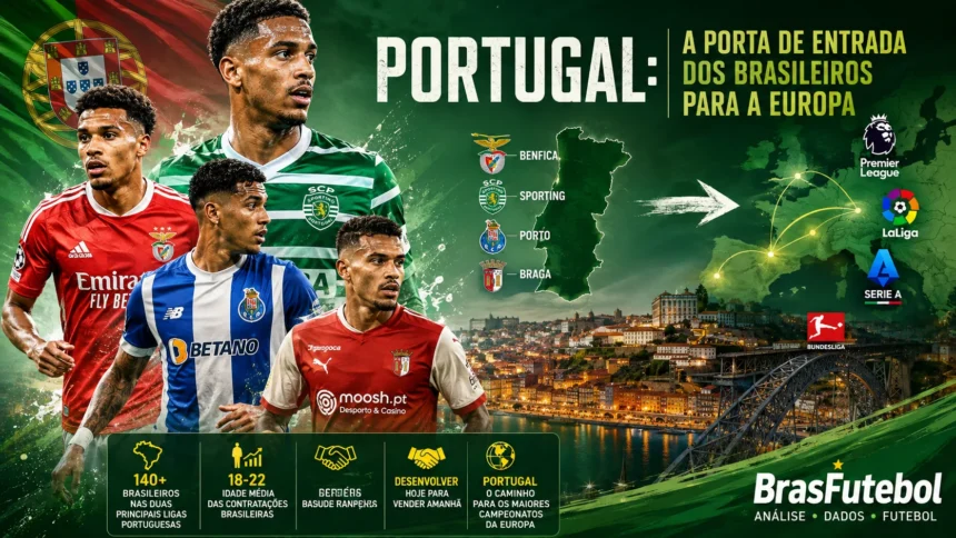 Infográfico do BrasFutebol mostrando por que Portugal se tornou a principal porta de entrada dos jogadores brasileiros para a Europa, com destaque para Benfica, Porto, Sporting e Braga e o caminho para as grandes ligas europeias.